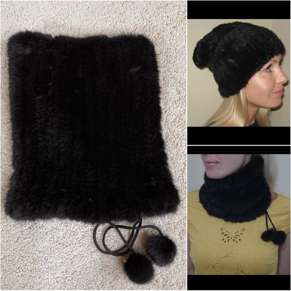 Handmade in Greece Genuine Knitted Mink Fur Slouchy Snood Hat Collar Neckwarmer